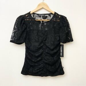🆕 NWT Karl Lagerfeld Paris Fitted Ruched Black Lace Short Sleeve Blouse Top